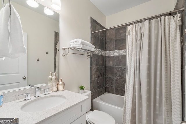 bathroom featuring shower / bath combination with curtain, vanity, and toilet