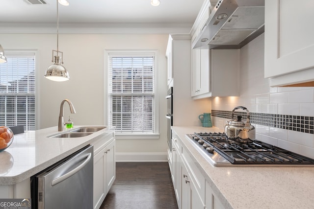 kitchen with light stone counters, stainless steel appliances, white cabinets, a sink, and ventilation hood