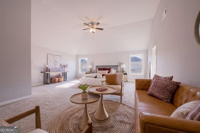 bedroom with ceiling fan, high vaulted ceiling, light carpet, visible vents, and baseboards