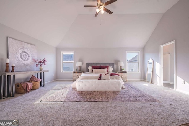 bedroom featuring baseboards, high vaulted ceiling, a ceiling fan, and light colored carpet