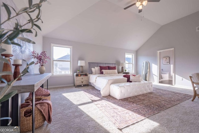 carpeted bedroom featuring high vaulted ceiling, ceiling fan, and baseboards