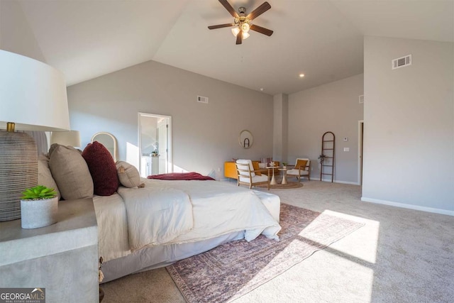 bedroom featuring visible vents, baseboards, vaulted ceiling, a ceiling fan, and carpet