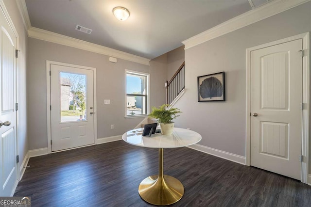 entryway featuring stairs, dark wood-type flooring, visible vents, and crown molding