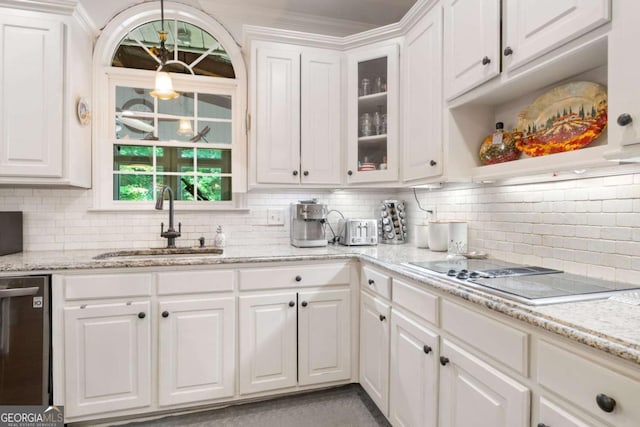 kitchen featuring a sink, white cabinetry, decorative backsplash, dishwasher, and stovetop with downdraft