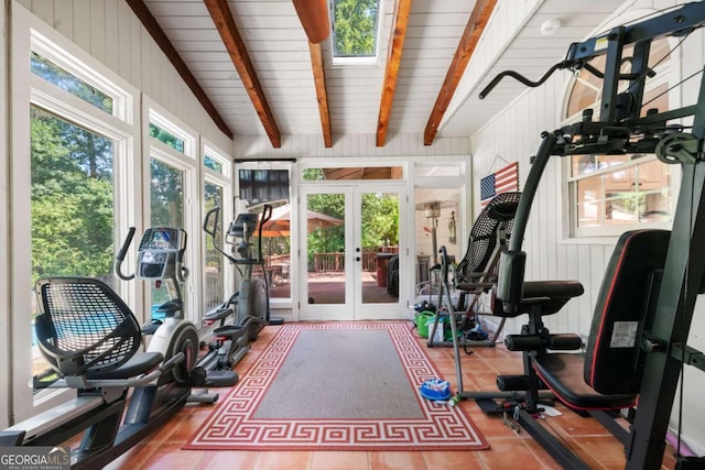 exercise room with french doors, a skylight, and a wealth of natural light