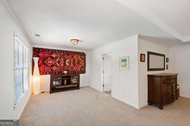 living room with light carpet, baseboards, visible vents, and crown molding