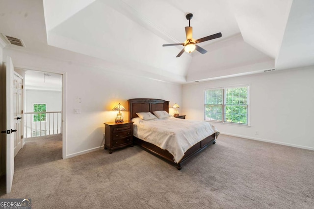 bedroom with attic access, a raised ceiling, visible vents, and carpet flooring