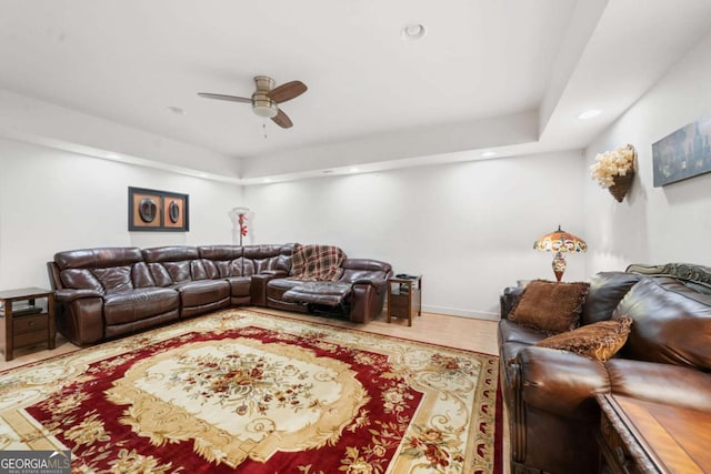 living room with recessed lighting, ceiling fan, and wood finished floors