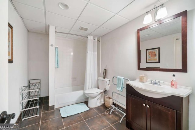 bathroom featuring visible vents, toilet, tile patterned floors, shower / bathtub combination with curtain, and vanity