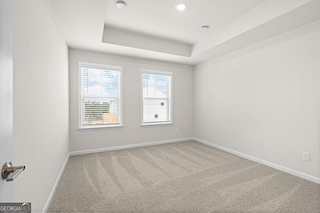 empty room featuring carpet floors, a raised ceiling, and baseboards