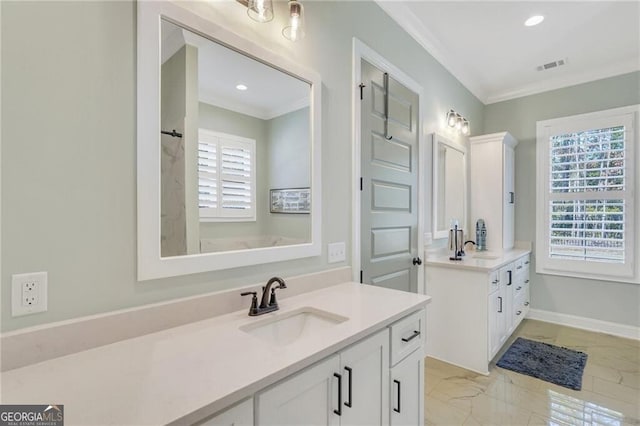 bathroom with ornamental molding, a sink, and visible vents