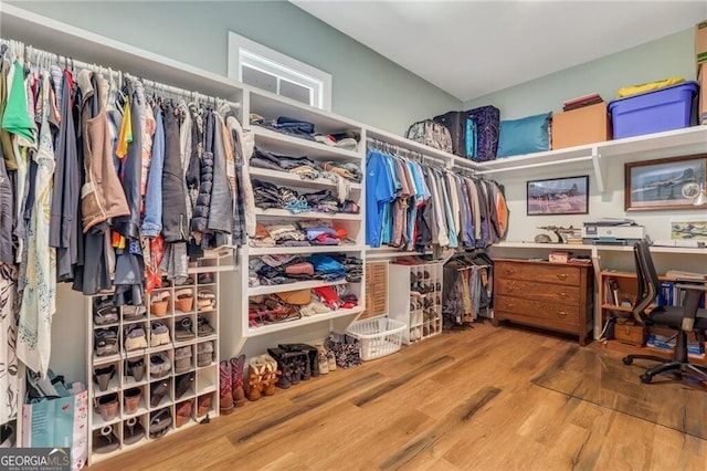 walk in closet with wood finished floors