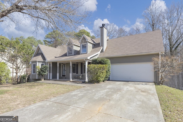 cape cod house with a garage, concrete driveway, a chimney, covered porch, and a front lawn