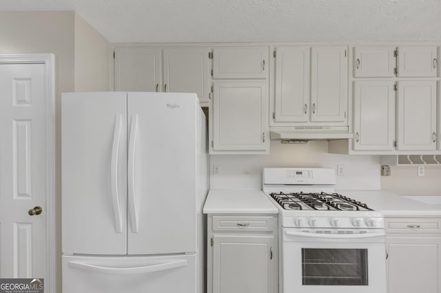 kitchen featuring light countertops, white appliances, white cabinetry, and under cabinet range hood