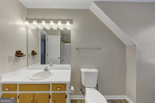 bathroom with a shower, wood finished floors, vanity, and toilet