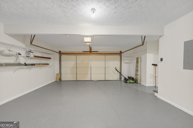 garage with electric panel, baseboards, and a garage door opener