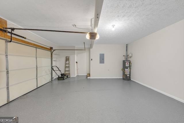 garage with a garage door opener, electric panel, water heater, and baseboards