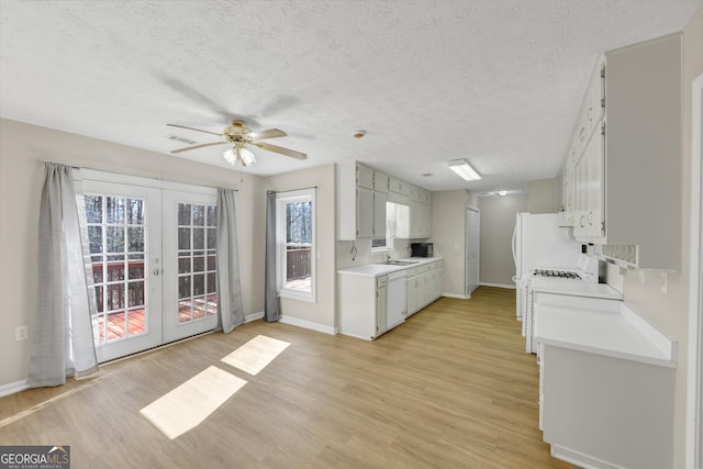 kitchen with dishwasher, light countertops, french doors, light wood-type flooring, and a sink