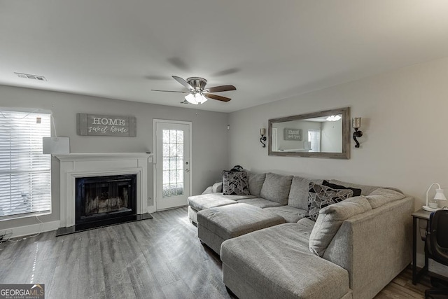 living room featuring baseboards, visible vents, a fireplace with raised hearth, ceiling fan, and wood finished floors