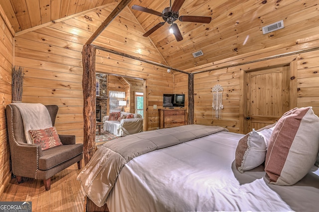 bedroom featuring wooden ceiling, visible vents, and wooden walls