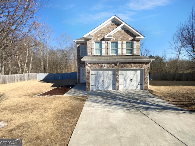 view of property exterior with brick siding, driveway, an attached garage, and fence