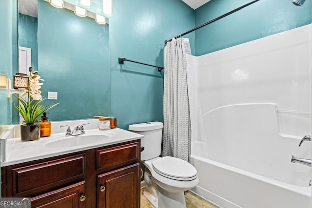 bathroom with toilet, shower / bath combo with shower curtain, and vanity