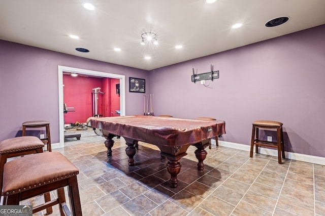 game room featuring recessed lighting, billiards, and baseboards