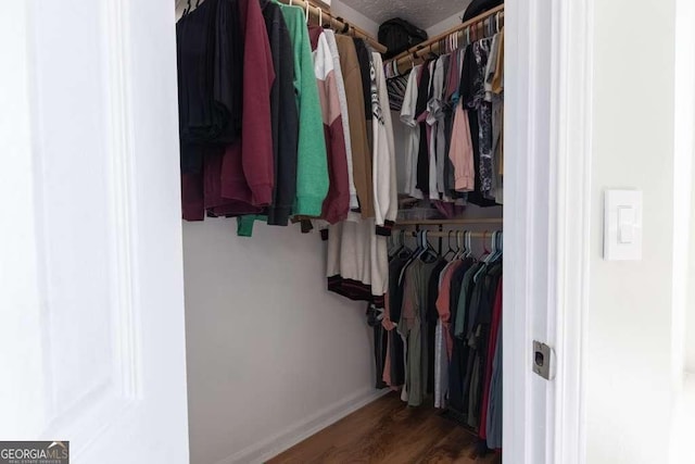 walk in closet with wood finished floors