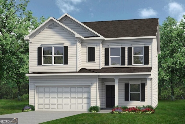 view of front of home with driveway, a front lawn, roof with shingles, and an attached garage