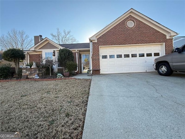 ranch-style house with a garage, brick siding, driveway, and a chimney