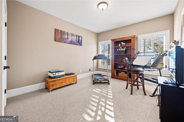 office featuring carpet flooring, a healthy amount of sunlight, and baseboards