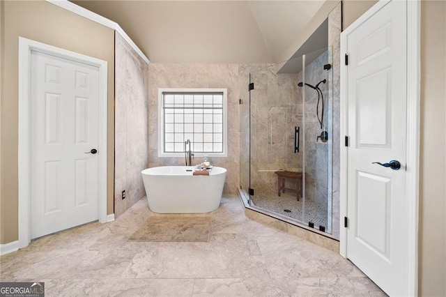 full bathroom featuring visible vents, high vaulted ceiling, a healthy amount of sunlight, and vanity