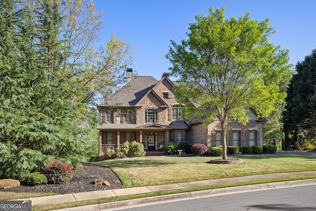 rear view of house featuring a sunroom, a shingled roof, and a chimney