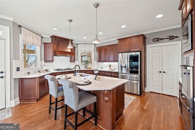 kitchen with a wealth of natural light, a sink, appliances with stainless steel finishes, and premium range hood