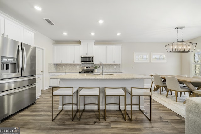 kitchen with visible vents, an island with sink, a sink, stainless steel appliances, and decorative backsplash