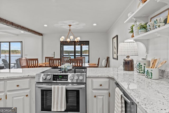 kitchen featuring a chandelier, light stone countertops, stainless steel electric stove, white cabinetry, and open shelves