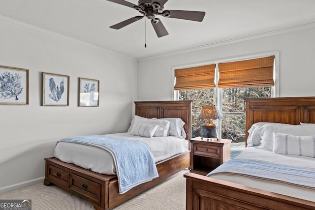 bedroom featuring baseboards, ornamental molding, ceiling fan, and light colored carpet