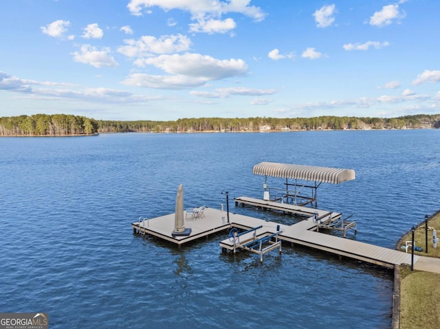 dock area featuring a water view and boat lift