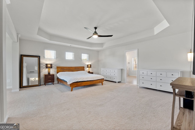 bedroom featuring light carpet, a tray ceiling, and ensuite bath