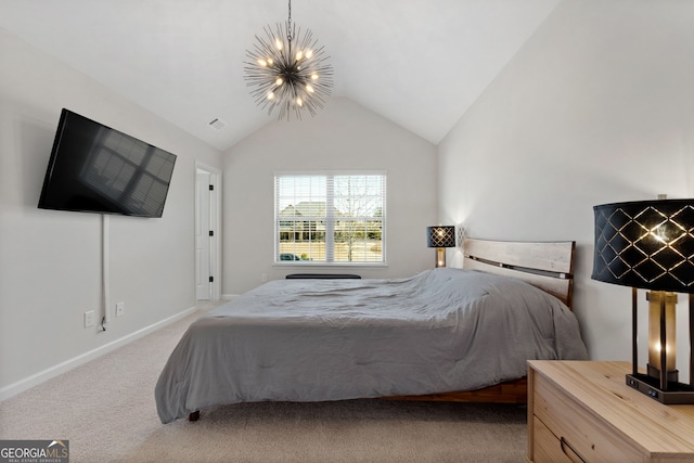 bedroom featuring visible vents, baseboards, light colored carpet, lofted ceiling, and a notable chandelier