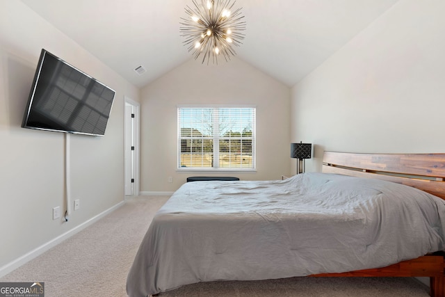 bedroom featuring a chandelier, light carpet, lofted ceiling, and baseboards