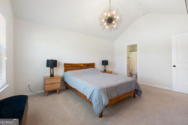 carpeted bedroom featuring a chandelier, high vaulted ceiling, multiple windows, and baseboards