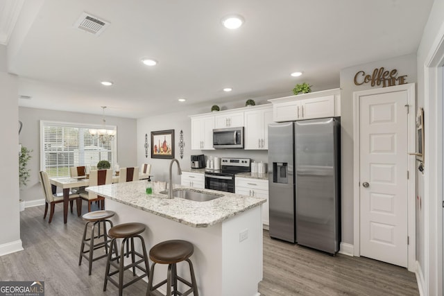 kitchen with a breakfast bar area, a kitchen island with sink, a sink, white cabinetry, and appliances with stainless steel finishes