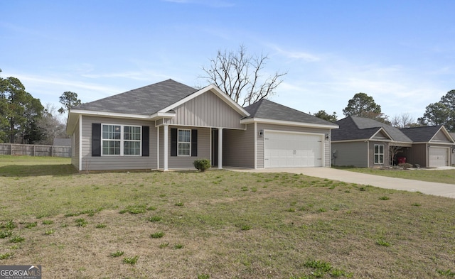 ranch-style house featuring driveway, a garage, fence, and a front lawn