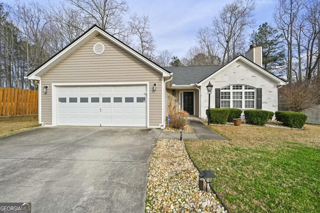 ranch-style home featuring driveway, a garage, a chimney, fence, and brick siding