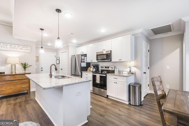 kitchen featuring stainless steel appliances, visible vents, dark wood-type flooring, white cabinetry, and a sink