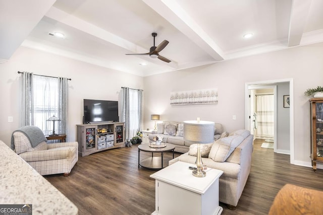 living room with baseboards, dark wood-style flooring, beam ceiling, and a ceiling fan