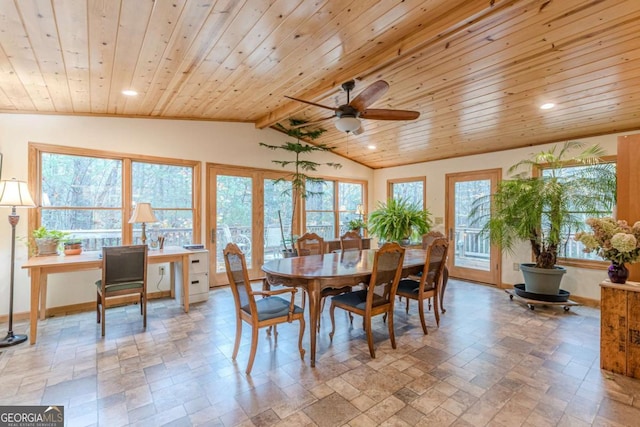 dining space with plenty of natural light, wood ceiling, vaulted ceiling with beams, and recessed lighting