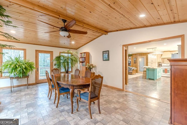 dining space featuring vaulted ceiling with beams, recessed lighting, ceiling fan, wooden ceiling, and baseboards