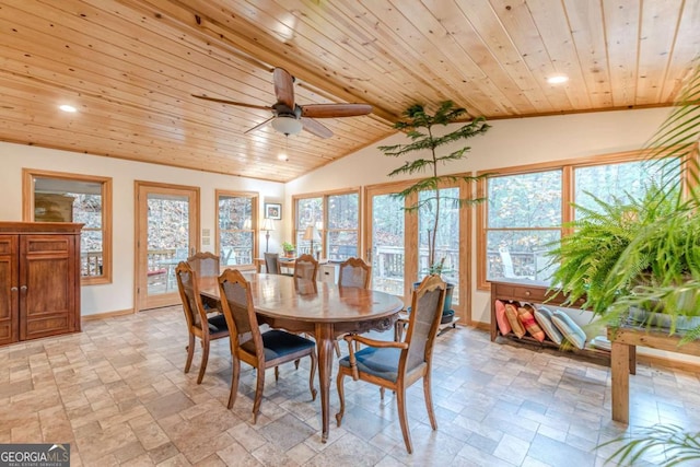 dining room featuring recessed lighting, wood ceiling, stone finish floor, vaulted ceiling, and baseboards